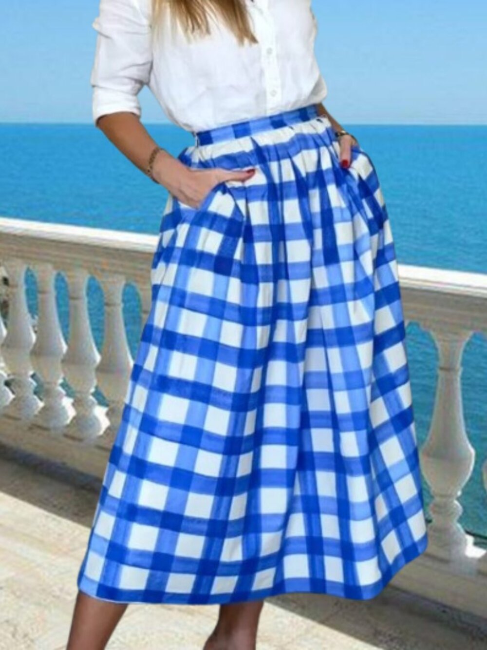 Zara Midi Cotton Checked Midi Skirt Blue/White Euro Resort Sz Small